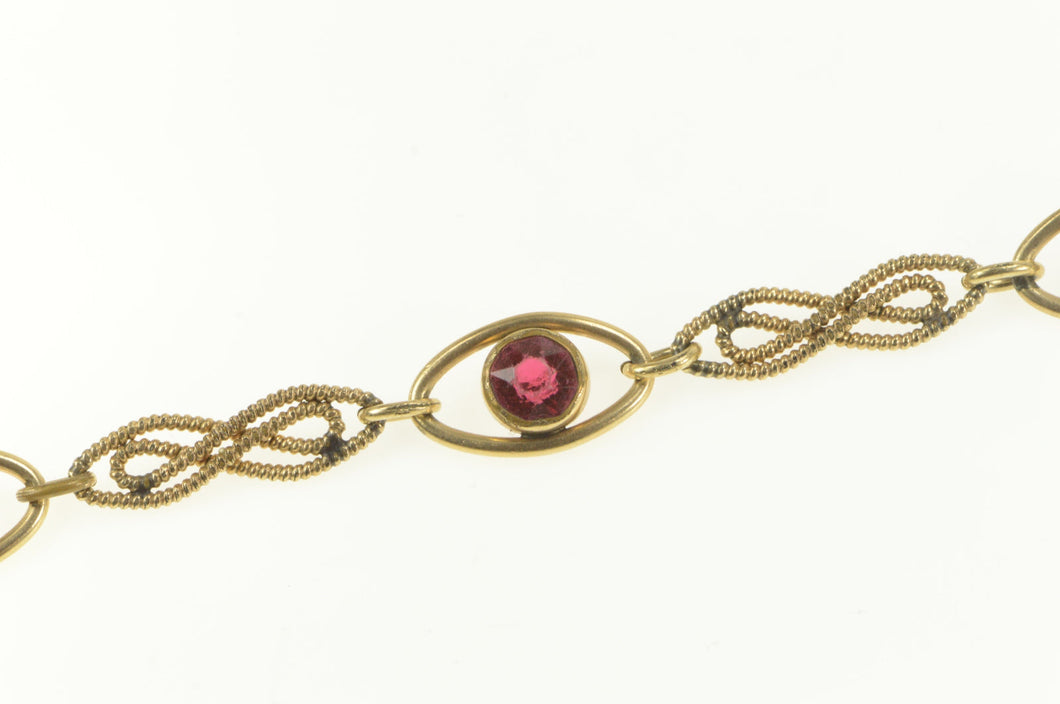 Gold Filled Ornate Retro Sim. Ruby Ornate Twist Link Bracelet 7.5