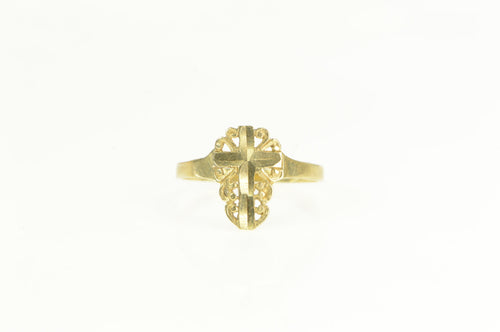 14K Diamond Cut Filigree Cross Christian Faith Ring Yellow Gold