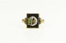 Load image into Gallery viewer, Gold Filled Art Deco Enamel R Monogram Sparrow Moon Ring