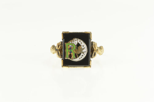 Gold Filled Art Deco Enamel R Monogram Sparrow Moon Ring