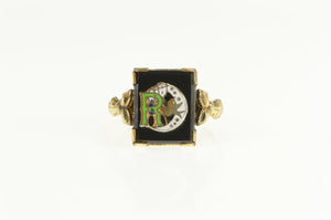 Gold Filled Art Deco Enamel R Monogram Sparrow Moon Ring