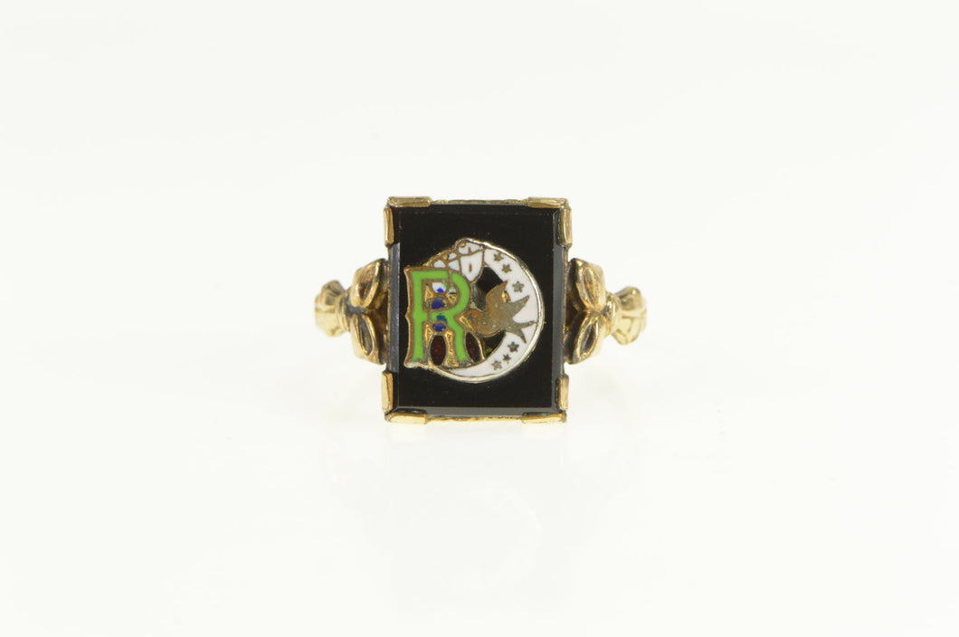 Gold Filled Art Deco Enamel R Monogram Sparrow Moon Ring