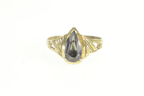 Gold Filled Pear Amethyst Art Deco Leaf Engraved Ring