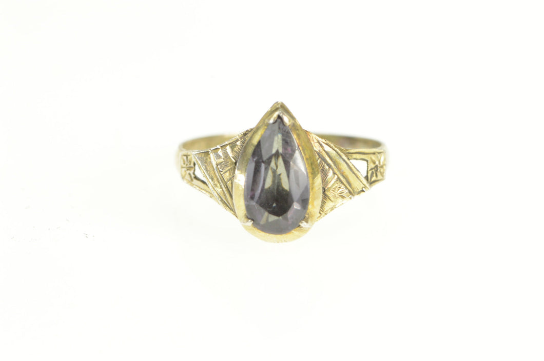 Gold Filled Pear Amethyst Art Deco Leaf Engraved Ring