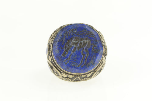 Sterling Silver Lapis Lazuli Carved Horse Massive Statement Ring