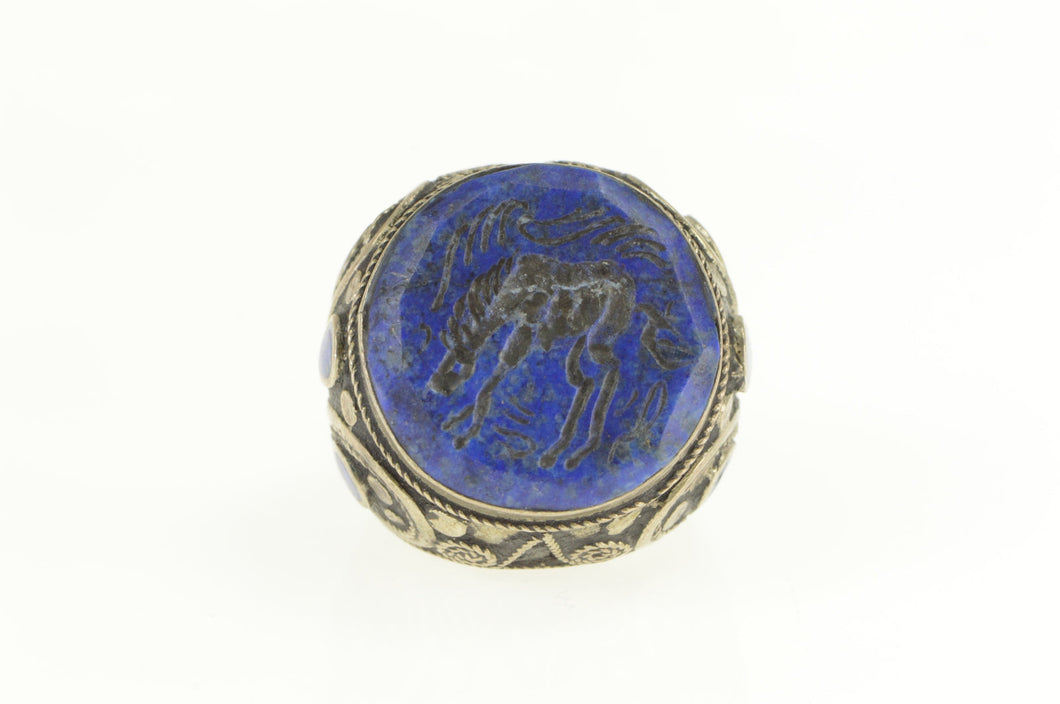 Sterling Silver Lapis Lazuli Carved Horse Massive Statement Ring
