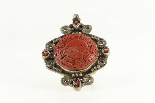 Sterling Silver Ornate Buddhist Yin Yang Cinnabar Cocktail Ring