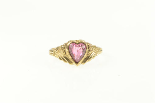 Gold Filled Victorian Syn. Pink Sapphire Heart Floral Ring