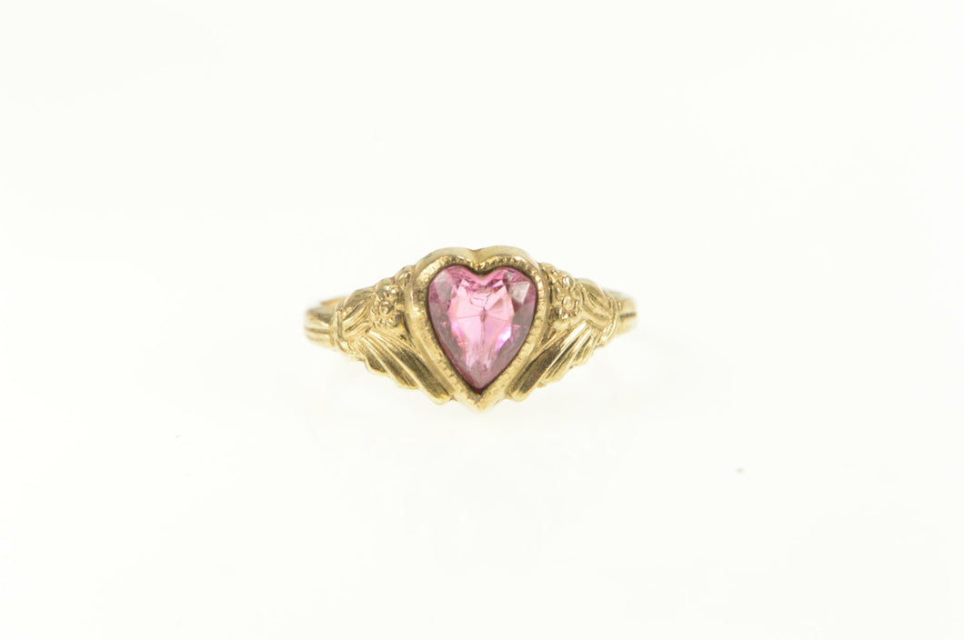 Gold Filled Victorian Syn. Pink Sapphire Heart Floral Ring