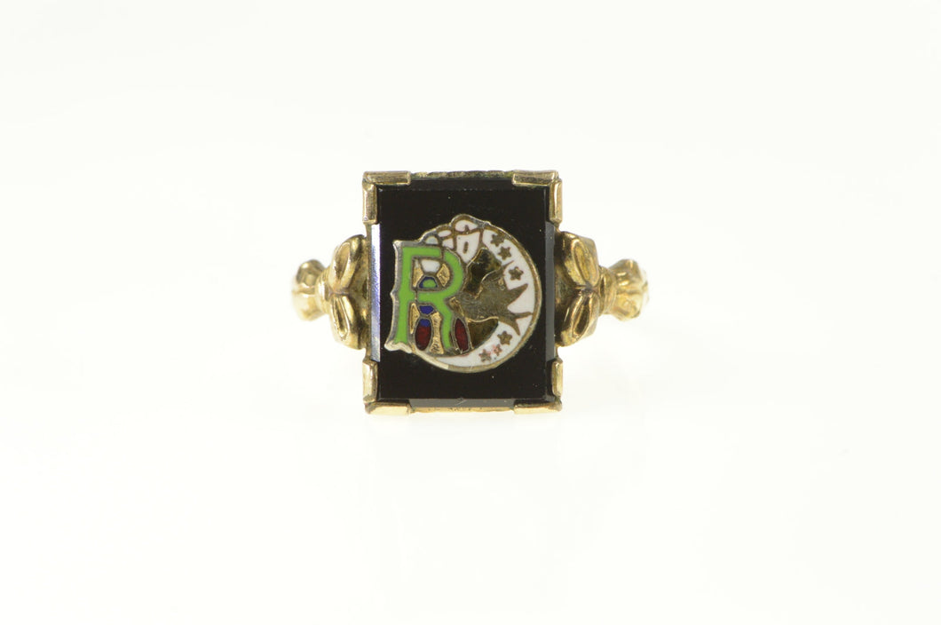 Gold Filled Art Deco Enamel R Monogram Sparrow Moon Ring