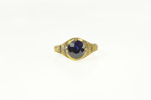 Gold Filled Victorian Round Syn. Sapphire Engraved Ring
