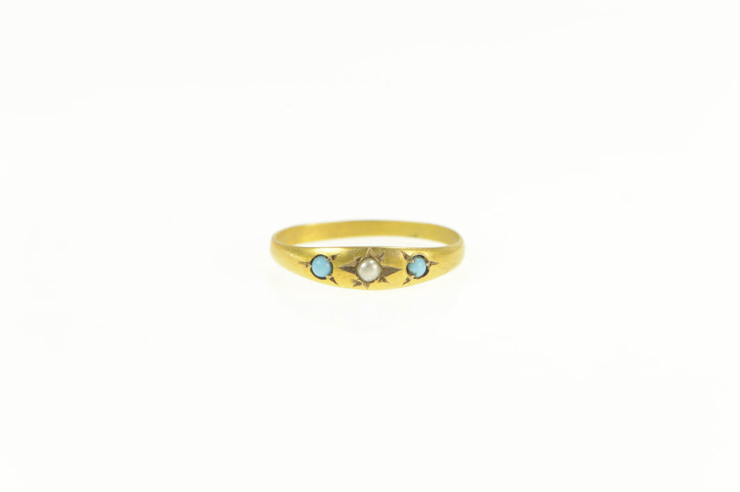 14K Victorian Seed Pearl Turquoise Child's Baby Ring Yellow Gold
