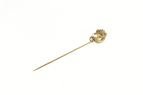 14K Victorian Dragon Seed Pearl Unique Elaborate Stick Pin Yellow Gold