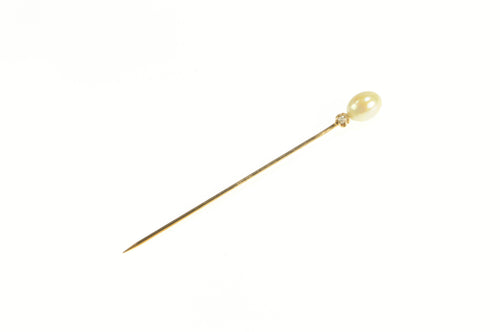 14K Victorian Pearl Diamond Accent Classic Stick Pin Yellow Gold