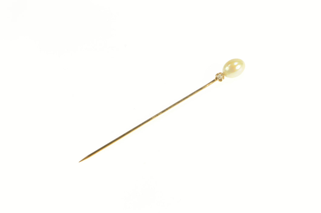 14K Victorian Pearl Diamond Accent Classic Stick Pin Yellow Gold