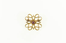 Load image into Gallery viewer, 10K Retro Swirl Filigree Square Syn. Ruby Pin/Brooch Yellow Gold