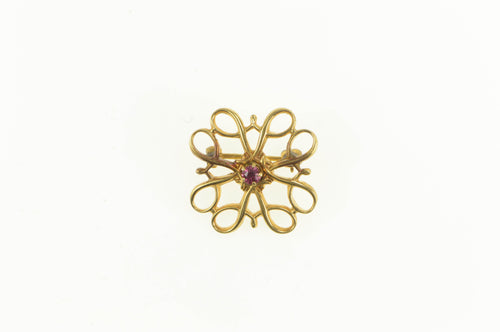 10K Retro Swirl Filigree Square Syn. Ruby Pin/Brooch Yellow Gold