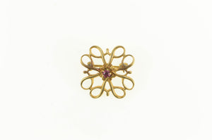 10K Retro Swirl Filigree Square Syn. Ruby Pin/Brooch Yellow Gold