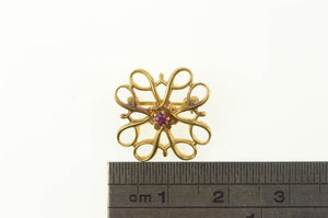 10K Retro Swirl Filigree Square Syn. Ruby Pin/Brooch Yellow Gold