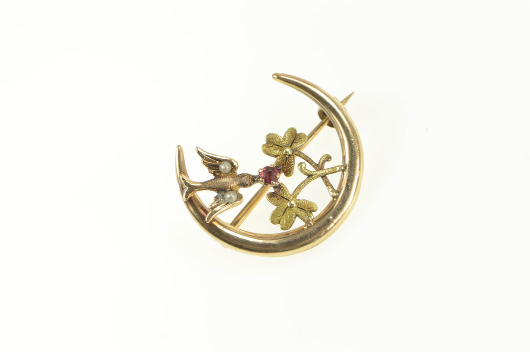 14K Victorian Seed Pearl Sparrow Moon Flower Pin/Brooch Yellow Gold