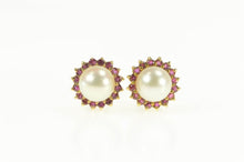 Load image into Gallery viewer, 14K Classic Pearl Ruby Halo Statement Stud Earrings Yellow Gold