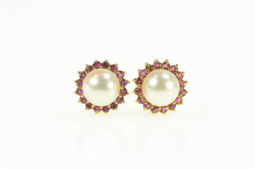 14K Classic Pearl Ruby Halo Statement Stud Earrings Yellow Gold