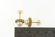 Load image into Gallery viewer, 14K Classic Pearl Ruby Halo Statement Stud Earrings Yellow Gold