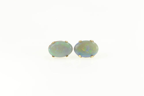 14K Oval Retro Natural Black Opal Stud Earrings Yellow Gold