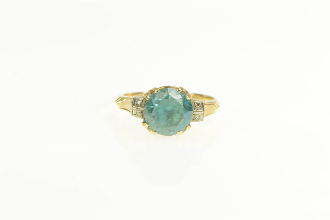 14K 1940's 3.04 Ctw Blue Topaz Diamond Accent Ring Yellow Gold