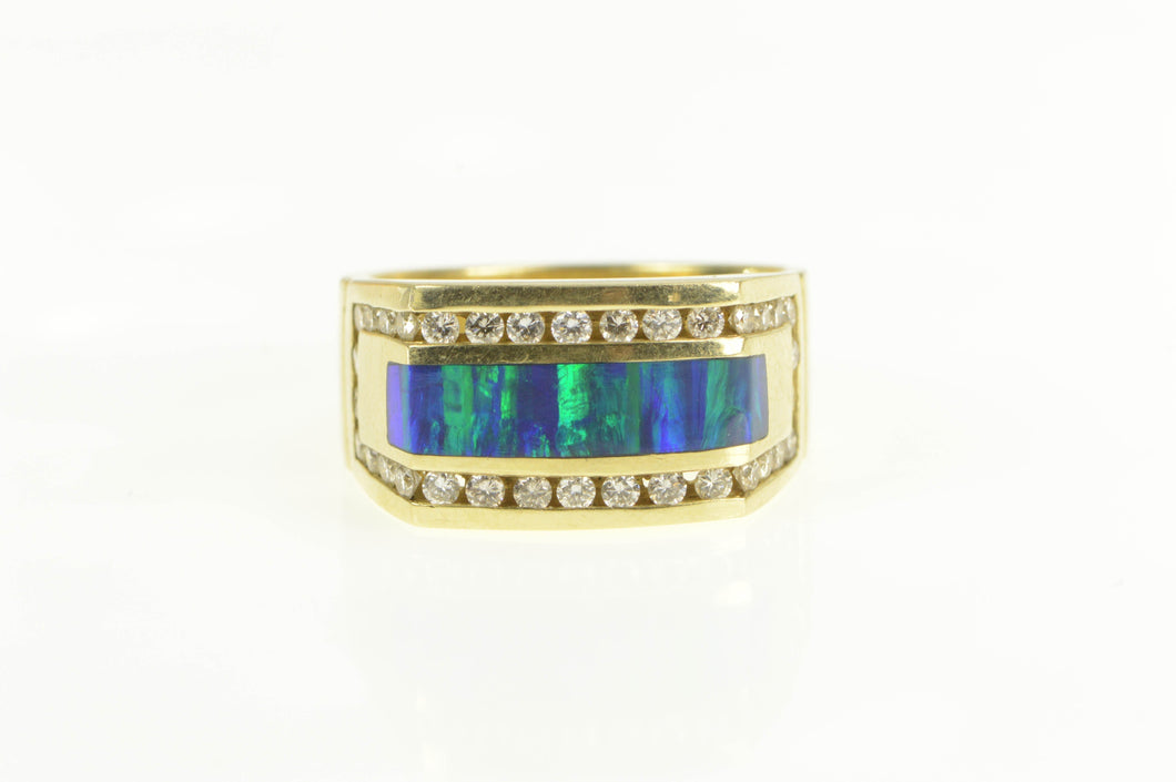 14K Black Opal Inlay 1.00 Ctw Diamond Men's Ring Yellow Gold