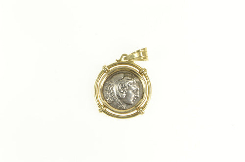 14K Ancient Greek Ornate Tribute Coin Statement Pendant Yellow Gold