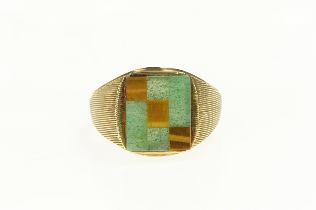 10K Aventurine Tiger's Eye Squared Inlay Men's Ring Yellow Gold