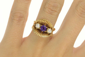 14K 1950's Pearl Amethyst Pearl Accent Statement Ring Yellow Gold