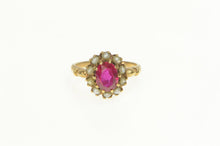 Load image into Gallery viewer, 18K Victorian Oval Syn. Ruby Seed Pearl Halo Ring Yellow Gold