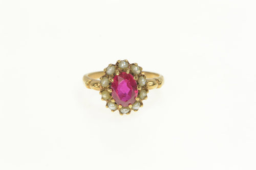 18K Victorian Oval Syn. Ruby Seed Pearl Halo Ring Yellow Gold