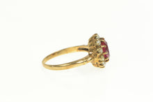 Load image into Gallery viewer, 18K Victorian Oval Syn. Ruby Seed Pearl Halo Ring Yellow Gold