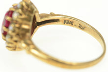 Load image into Gallery viewer, 18K Victorian Oval Syn. Ruby Seed Pearl Halo Ring Yellow Gold