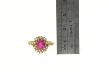 Load image into Gallery viewer, 18K Victorian Oval Syn. Ruby Seed Pearl Halo Ring Yellow Gold