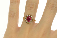 Load image into Gallery viewer, 18K Victorian Oval Syn. Ruby Seed Pearl Halo Ring Yellow Gold