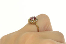 Load image into Gallery viewer, 18K Victorian Oval Syn. Ruby Seed Pearl Halo Ring Yellow Gold