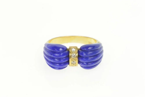 14K 1950's Carved Lapis Lazuli Diamond Bow Ring Yellow Gold