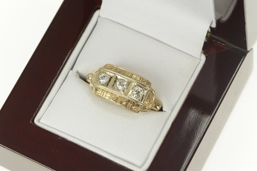 14K Art Deco Diamond Wide Statement Band Ring Yellow Gold
