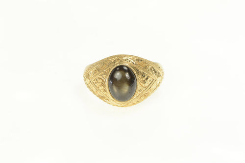 14K Victorian Black Star Sapphire Elaborate Engraved Ring Yellow Gold