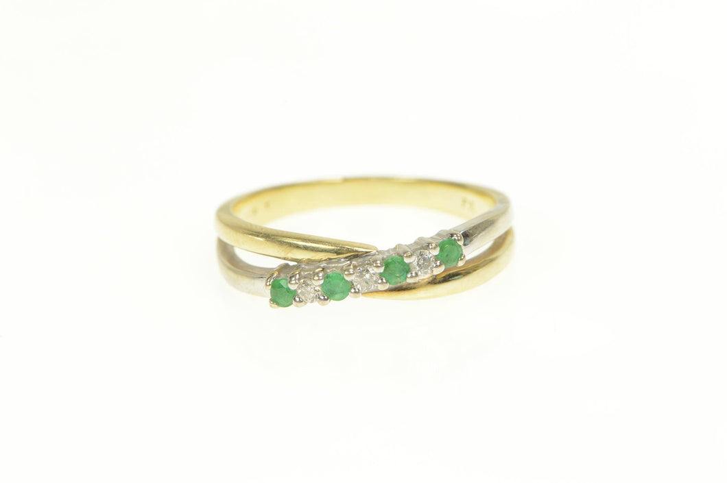 10K Two Tone Diamond Emerald Criss Cross Band Ring Yellow Gold