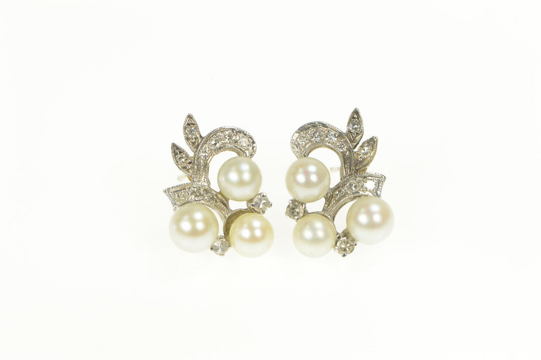 14K 1950's Pearl Diamond Swirl Cluster Stud Earrings White Gold