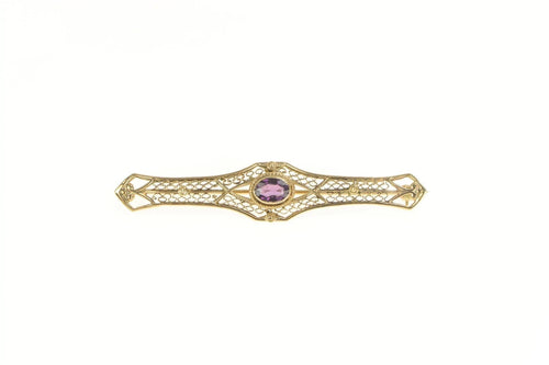 14K Victorian Amethyst Ornate Filigree Bar Pin/Brooch Yellow Gold