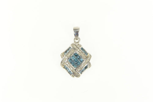 14K 2.50 Ctw Princess Blue & White Diamond Cluster Pendant White Gold