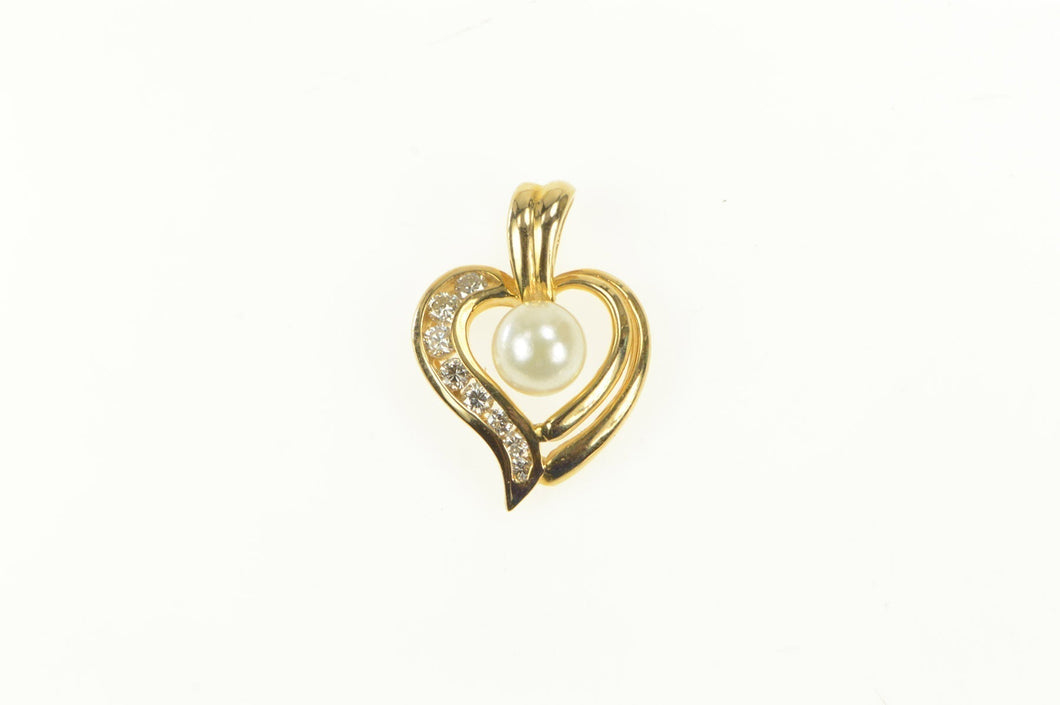 14K Pearl Diamond Wavy Curvy Heart Love Symbol Pendant Yellow Gold