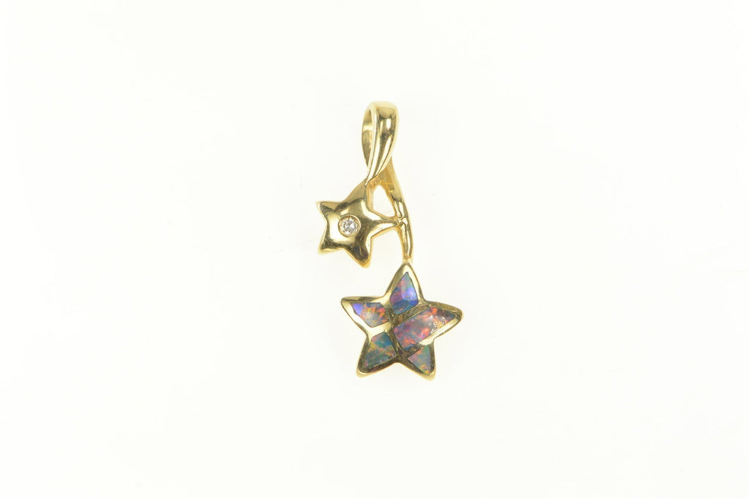 14K Diamond Black Opal Inlay Star Loop Statement Pendant Yellow Gold