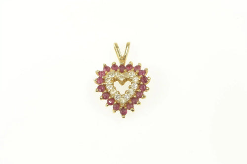 14K Diamond Ruby Halo Heart Love Symbol Pendant Yellow Gold